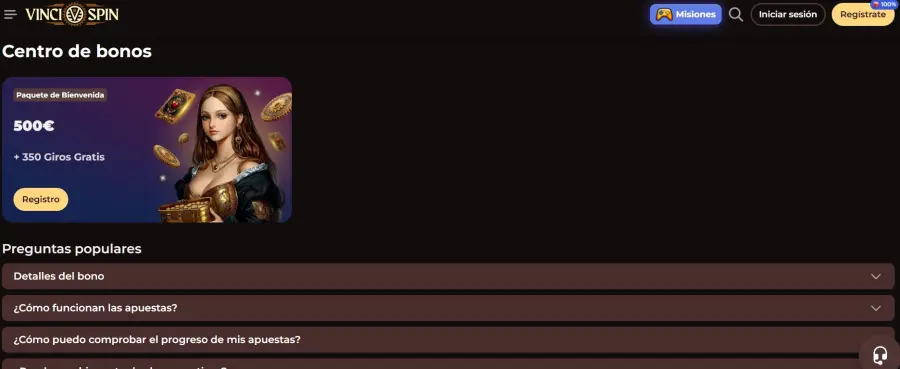 Screenshot der Vincispin App-Oberfläche mit hervorgehobenen Bonusangeboten und Spielkategorien